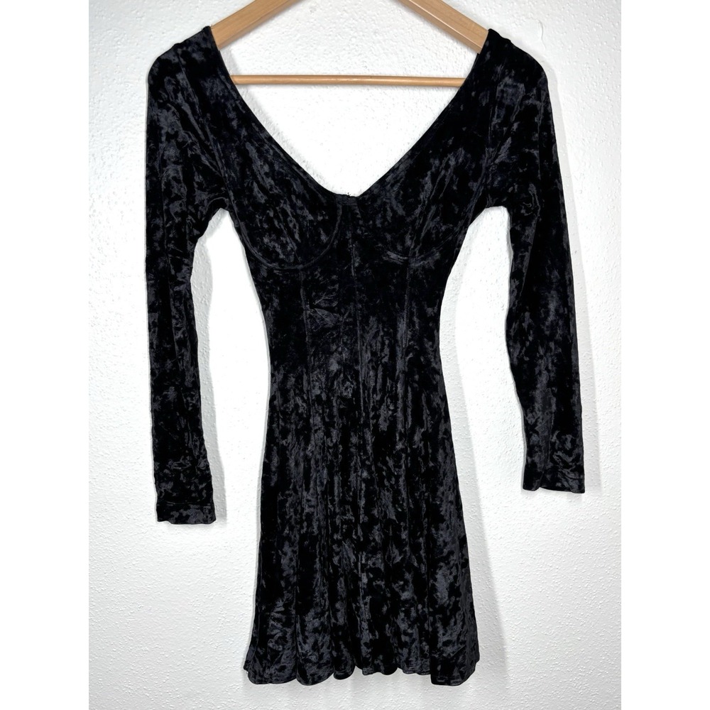 VTG 90's Black Crushed Velvet Skater‎ Dress CONTEMPO CASUALS Small EUC